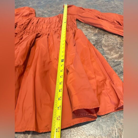 STAUD Bow Dress Smocked Waist Dress Size 8 Rust Long Sleeve Peasant Mini - Picture 9 of 10